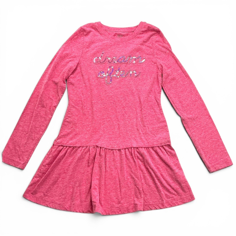 Falls Creek Pink Sequin Dream Often Dress Kids Size L 10/12 Long Sleeve Ruffle